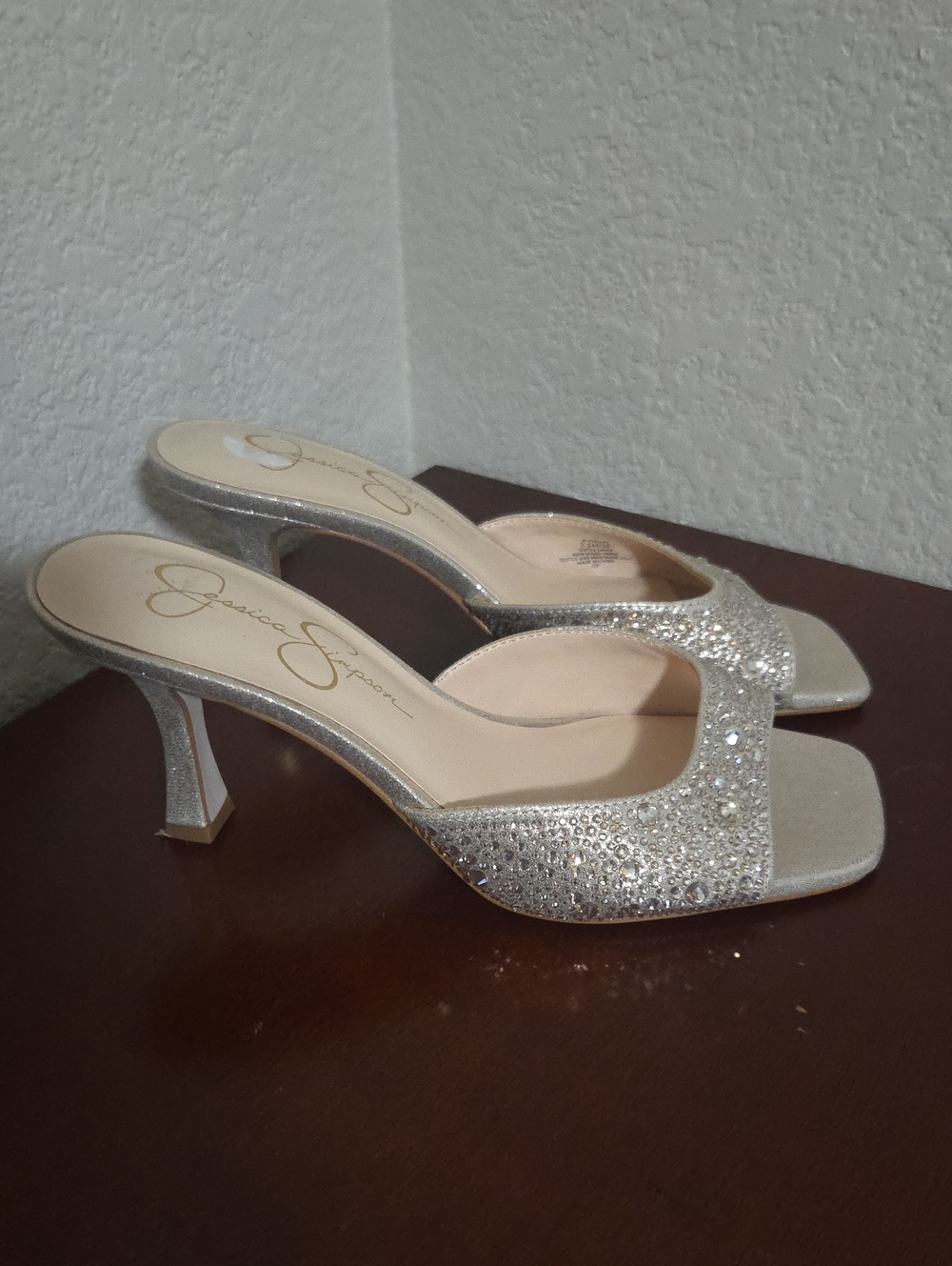 Jessica Simpson Silver Crystal Embellished Open-Toe Mules